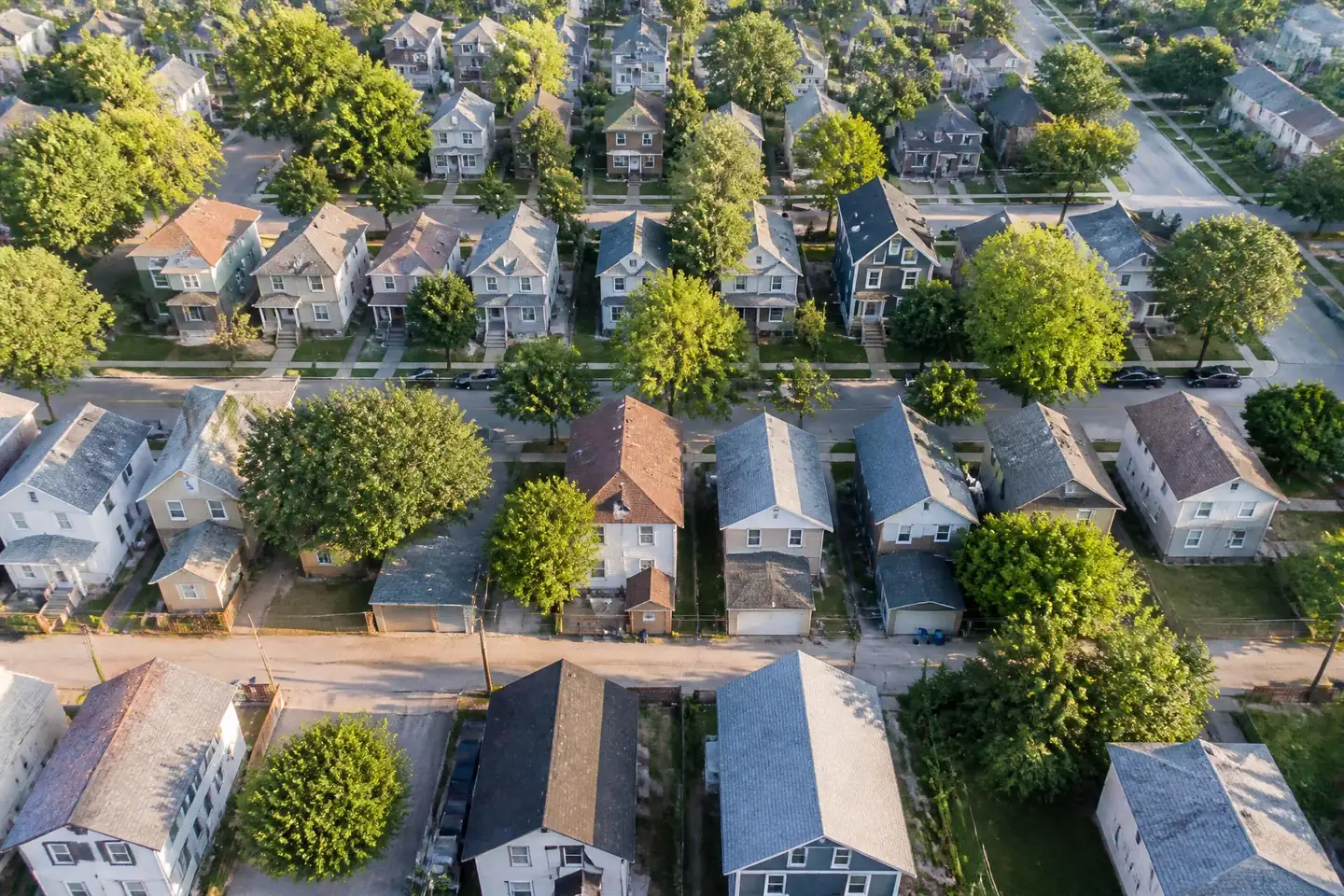 Aerial view of a Milwaukee neighborhood of bungalows and duplexes