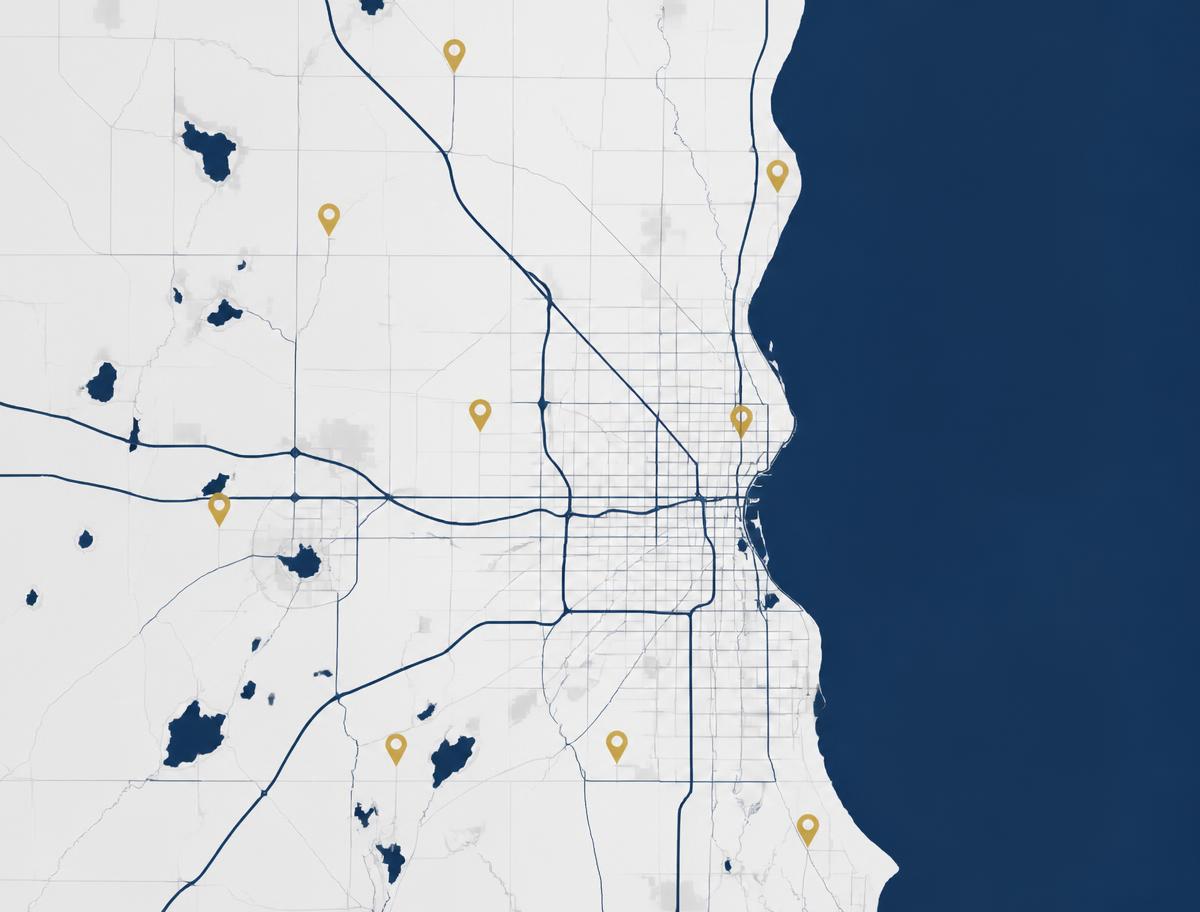 Stylized map of the Milwaukee metropolitan area and Lake Michigan shoreline